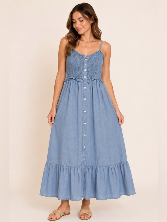 Justify Dresses & Skirts - Justify Chambray Denim Maxi Dress Smocked Button Front Size Medium
